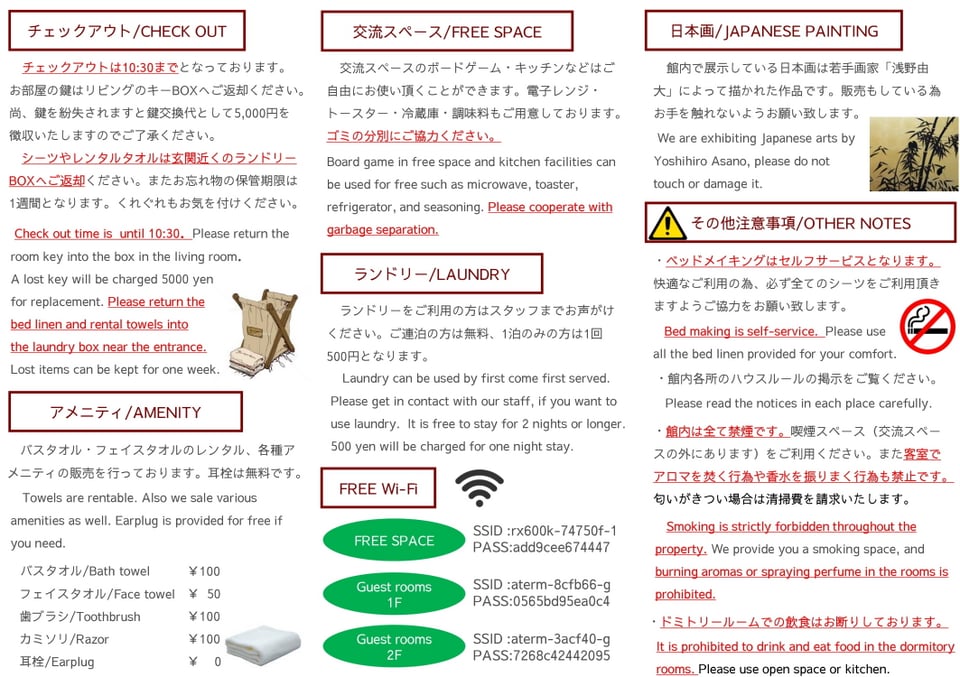 ゲストハウスはじまり　ハウスルール裏（3つ折りにしてチェックイン時に説明しております。）