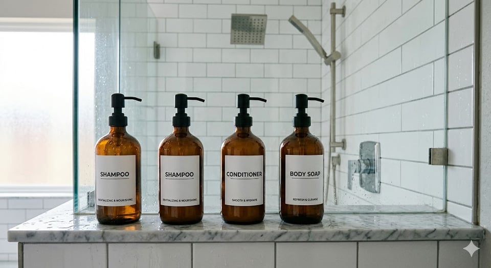 ホテルにあるシャンプーボトルなど・イメージ（Gemini作成）