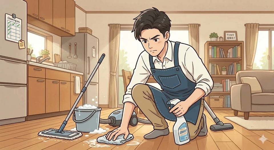 一生懸命掃除するスタッフ（Gemini作成）