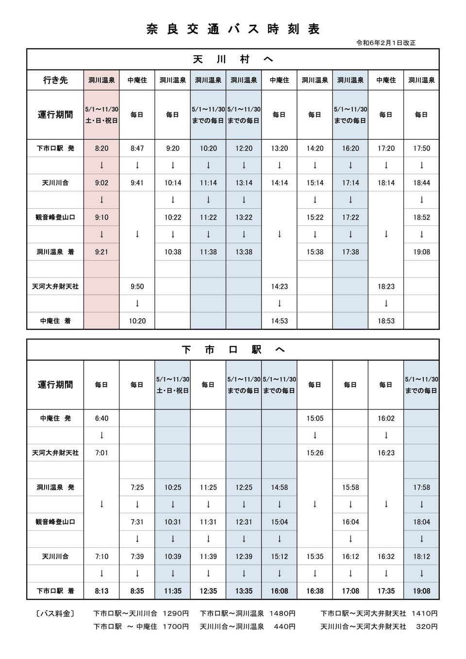 奈良交通・天川村行きバス時刻表