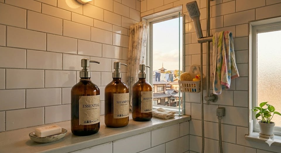 家庭的な風呂にあるシャンプーなどボトル・イメージ（Gemini作成）