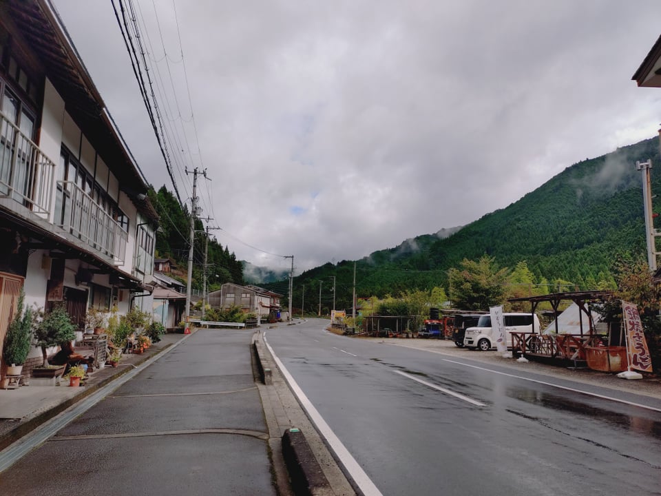 県道53号線（すずかけの道）。歩道があって歩きやすい道です。