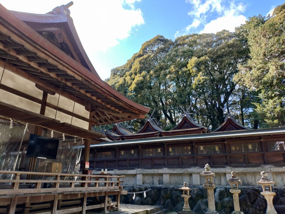 本殿奥。右側に御柱3体、真ん中に1体。