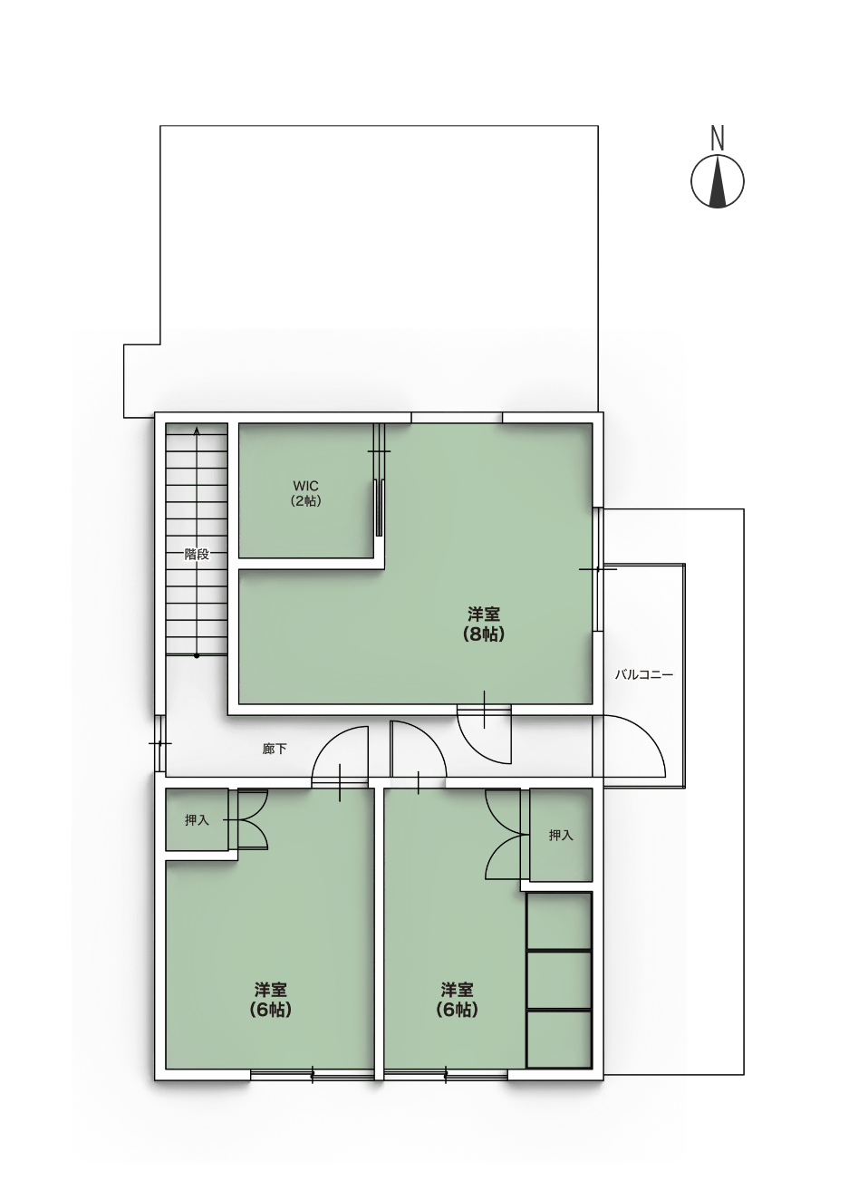 大和八木シェアハウス橿の木・2階間取り図。上の8帖＋WICがご紹介するお部屋です。